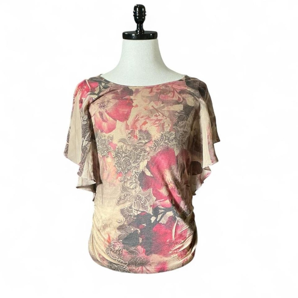 Y2K Espresso Women's Floral‎ Print Gathered Side Short Sleeve Top Size S